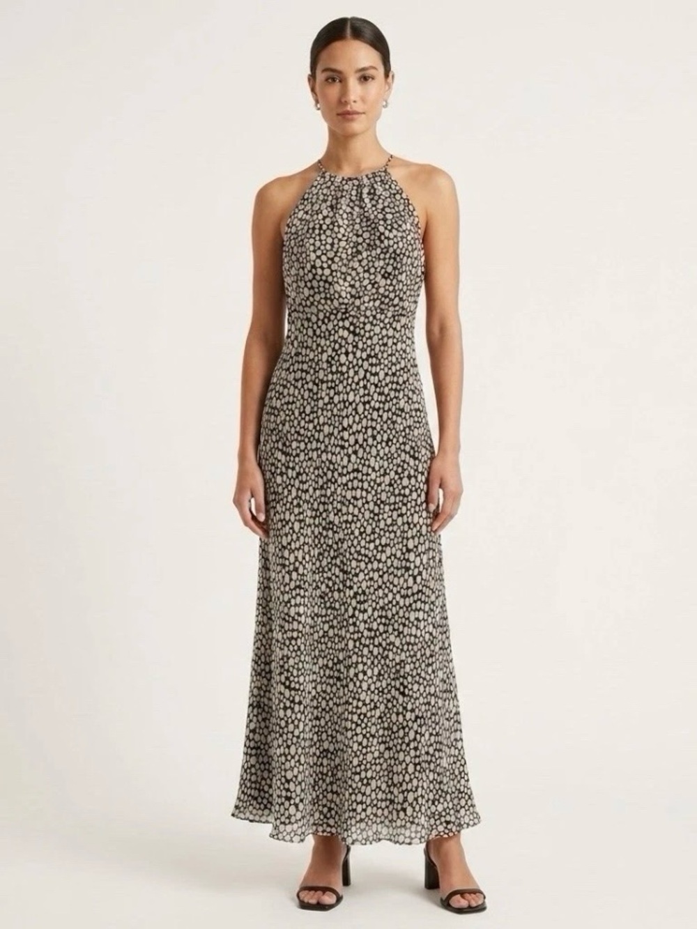 Vintage Y2K Silk brown and Cream polka dot Maxi Dress Size 14 Fairy Dress Retro